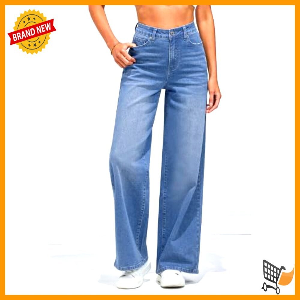 High Waisted Wide Leg Jeans Stretchy Denim Pockets Fashion - Picture 2 of 7